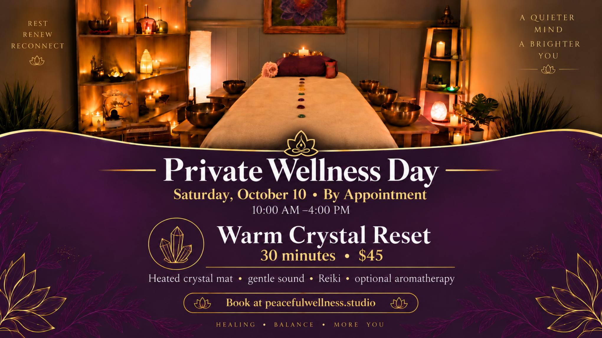 MADISON Private Wellness Day: Warm Crystal Reset w/Sound 30min/$45 By Appt